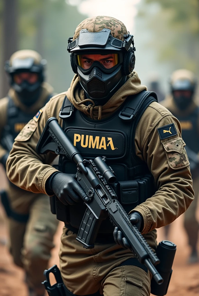 Create several images of an airsoft team called PUMA and this is written on the vest, but the name has no connection with the puma brand image size 1080x1920, LET THE WORD PUMA BE ON YOUR VEST OR UNIFORM