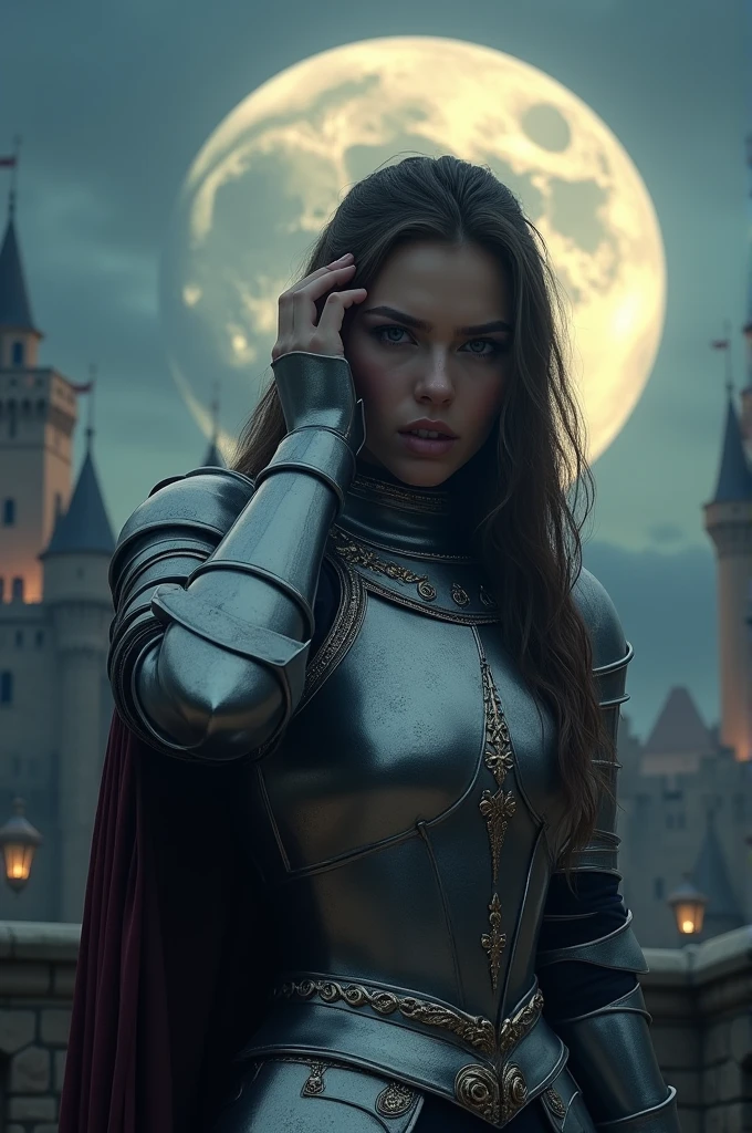 ((masterpiece, top quality, high resolution, highly detailed CG unified 8K wallpaper)), (huge stunning goddess shot, jaw dropping beauty, perfect proportionsslim body beauty:1.3), (((Close-up portrait))) Moonlit Confession, On a medival castle courtyard, A female knight in medieval fullbody armor, a huge full moon in the background, lighting from behind, her hand in her hair rebel and angry, silver armor shining in the moonlight, amazing castle and medieval city view beneath