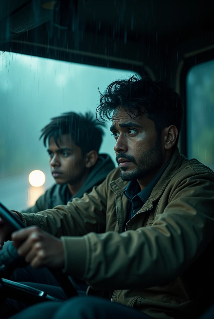 cinematic, photorealistic film poster of a young father driving an old van and his son, in heavy rainfall dark night, fear in faces, tension, frontal face shot, misty air, wiper wiping windshield, dim light, Kalimpong Sikkim Highway