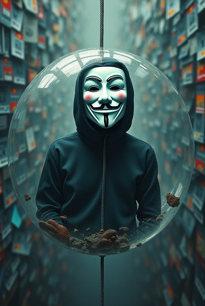 person with anonymous mask, inside a blue floating bubble , credit cards in the background of the image