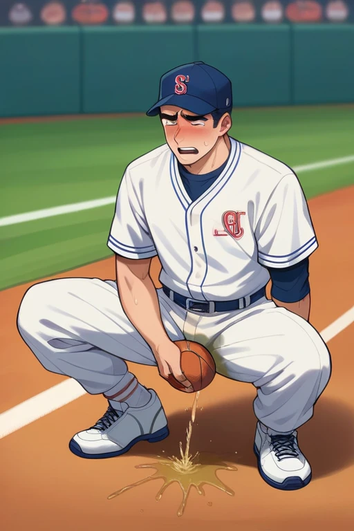 20 years old slender and mascular man in his baseball uniform is peeing himself when he is playing basketball. but he couldn't hold his pee. There's a large pee wet spot on his pants. Pee stain on his crotch. He looks ashamed of peeing himself. Anime