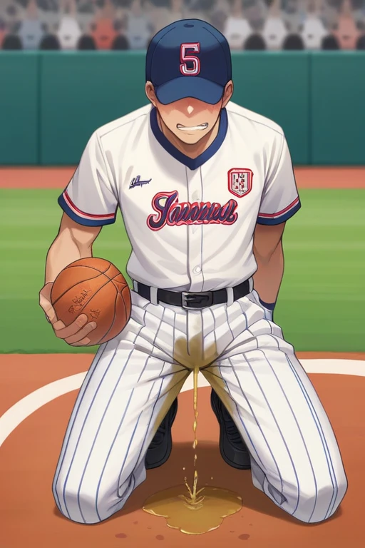 20 years old slender and mascular man in his baseball uniform is peeing himself when he is playing basketball. but he couldn't hold his pee. There's a large pee wet spot on his pants. Pee stain on his crotch. He looks ashamed of peeing himself. Anime