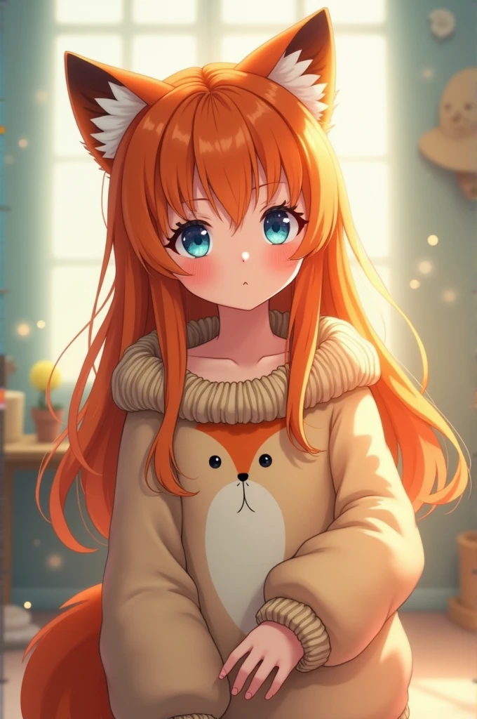 Best Quality, High Resolution, Perfect Human Structure, Focus On Background, Front View, Baby, , Bedroom, Sleepy, Bed, Orange Hair, Shining Hair, Cat Ear, Living, Heart Shape Pupils, Wavy Hair, Shiny Hair, Smiling, T-shirt, Beautiful,
