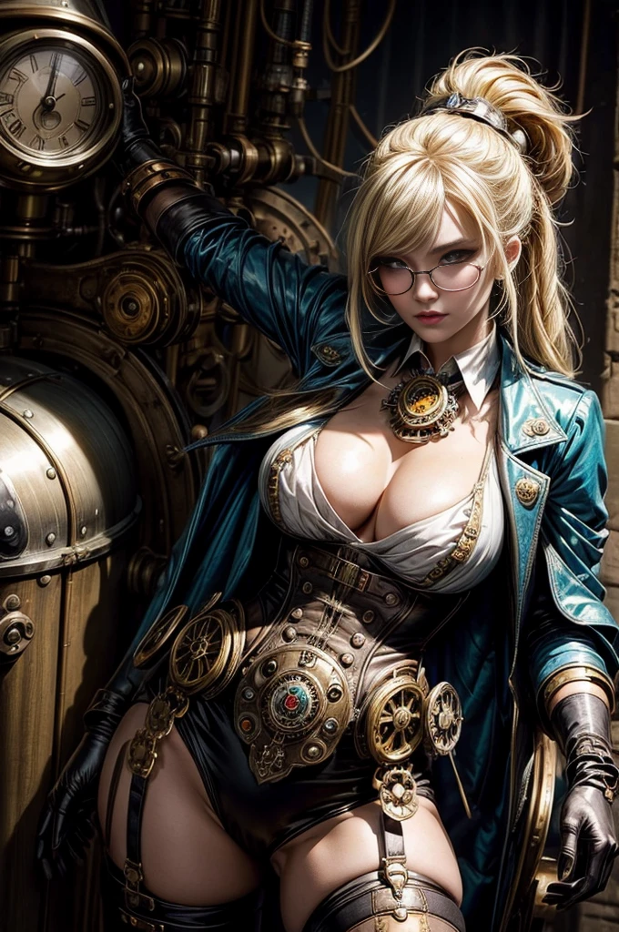 view from above, Dutch corner, blonde woman in glasses and gloves posing for a photo, steampunk style, Alice in Wonderland Cyberpunk, steampunk girl, steampunk pin-up girl, magic and steam - punk style, glamorous cosplay, steampunk beautiful anime woman, steampunk style, steampunk, rococo cyberpunk, wearing steampunk attire, steampunk!, steampunk, like a lady mechanic