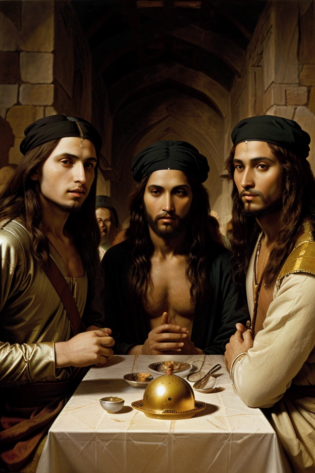 A painting with Jesus Christ, Leonardo da Vinci, Mansa Musa I and Alexander the Great. Based on the last supper