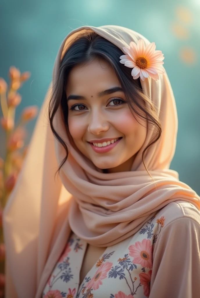 A young Indian woman with long hijab flowing and a flower in her hijab, wearing a floral dress calm, smiles brightly,face facing the camera. The background is a blurred, abstract blue and orange. Her eyes are a deep brown and her lips are a soft pink. The image is soft and dreamy, with a warm, romantic feel.