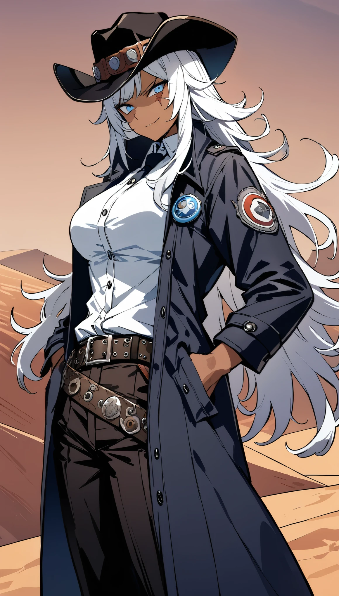 (best quality:1.3), (masterpiece:1.3), (illustration:1.3), (ultra-detailed:1.3), cowboy shot, 1girl, ((white hair)), (large breasts), (dark skin), (blue eyes), ((rough hair, long hair)), white shirt, necktie, high collar, unbuttoned shirt, sleeveless shirt, lean build, long coat, dark blue tactical coat, tactical jacket, pouches, black pants, serious expression, mischievous smirk, belt buckle, face scar, straps, off-shoulder coat, hands on pocket, looking at viewer, muscular, webbed belt, stylish coat, ((badge, cowboy hat, hat, headgear)), outdoors, desert,