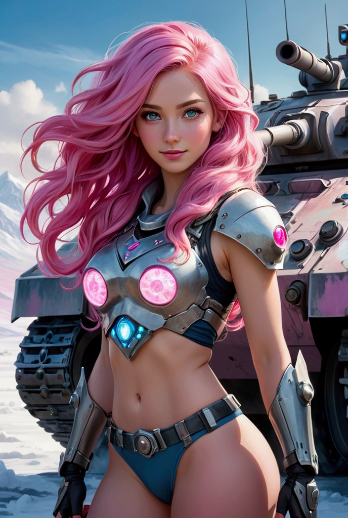 1 very attractive girl with long wavy bright pink hair, photo taken on Nikon D850, 16K, work of art, detailded, Breathtaking, atmospheric perspective, diffusion, natural skin texture, dslr, Lente 80mm Sigma f2, Depth of field, film grain, complex natural lighting,  full body shot with icy blue and white lighting standing in an icy field, light gray and pink, in warrior clothes , energy-filled illustrations, extremely sexy, rosto e olhos detaildeds,  focus on the tank and the girl, no-makeup, smiling, Altamente detailded, dark fantasy aura, faded colors. standing in front of a huge battle tank with tracked wheels and pink details. with a large illuminated sign saying "FMS"