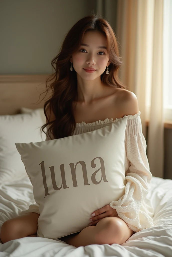 sitting on bed、The woman is a 2 Japanese woman.、Height is 171 cm、Fashion model body type、 "luna" It was written in large letters.、Holding a fairly large pillow, Smiling sweetly at the viewer, Full Body Shot, Cinema Lighting、Brown Hair