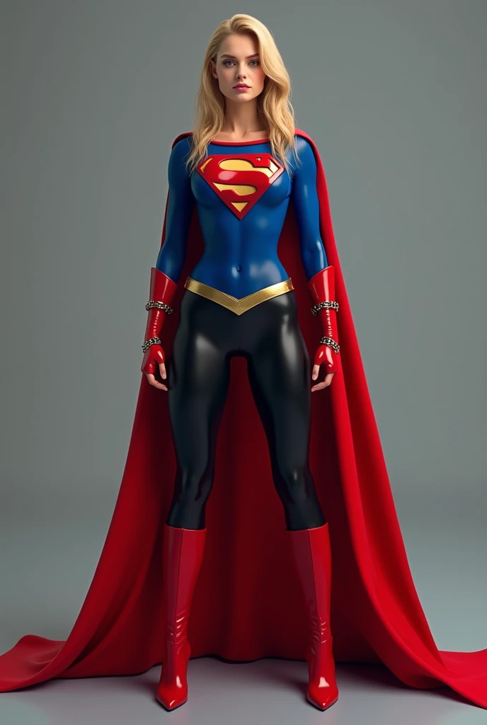 supergirl, full blue body suit, long blonde hair, red elbow gloves, red gauntlets, black tights, red boots, red skirt, gold belt, really long red cape, standing, looking straight, full image from head and legs, realistic, bdsm, bondage, bound, arms tied using waist chains