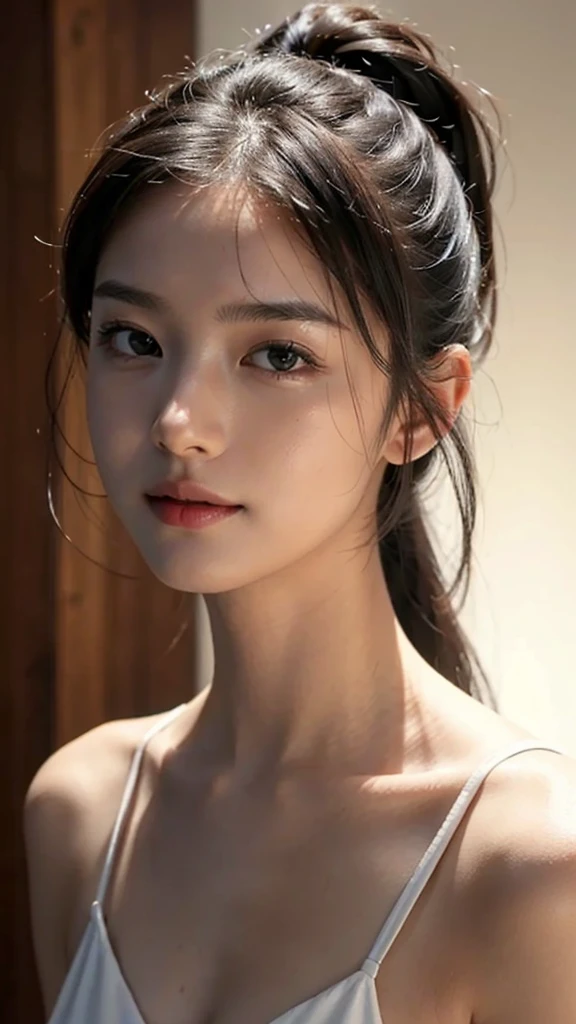 body shot,Commercials for luxury cosmetics style,Commercial filming studio,The background is all Black,Body in front,masutepiece, The highest image quality, High quality, the background is clear,Beautiful woman, Japanese, Detailed, Ultra-detailed, finely detail, hight resolution, 8K Wallpaper, Perfect dynamic composition, Beautiful detailed eyes ,Detailed eyes, Detailed skin, Beautiful skin, 超hight resolution, (reality: 1.4),Very beautiful woman, Slightly younger face, Beautiful skin, slender, (Ultra photo realsisim), (hight resolution), (8K), (Very detailed) (beautifully detailed eyes), (super detailed), (Detailed face), view the viewer, Fine details, Detailed face, Staring straight ahead, Staring straight ahead, photos realistic, Bright lighting, Professional Lighting, Black hair,poneyTail,a baby face,sixteen years old,Hairstyle: ponytail,Long ponytail hairstyle,slight smile,