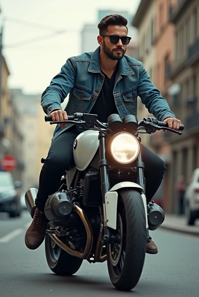 A boy wearing a denim jacket and black jeans with a set beard and black glasses riding a BMWs1000R r bike and wearing nice sneakers with attractive pose