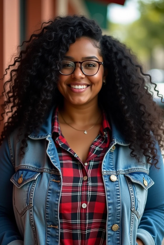 A plus size Brazilian woman with a plaid shirt and denim jacket, long curly black hair, glasses 