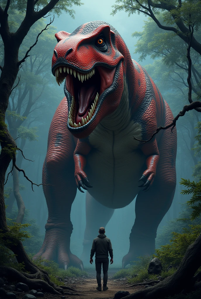 Red Tyrannosaurus Rex with black stripes in the African forest at night in front of a hunter