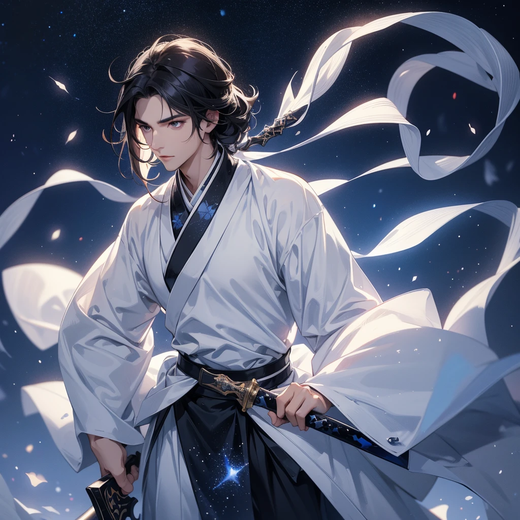 A Handsome black-hair male holding a large sword in white hanfu dress, Background is a dark night, with moonlight and millions of stars, twinkling everywhere, with blue light, close up.