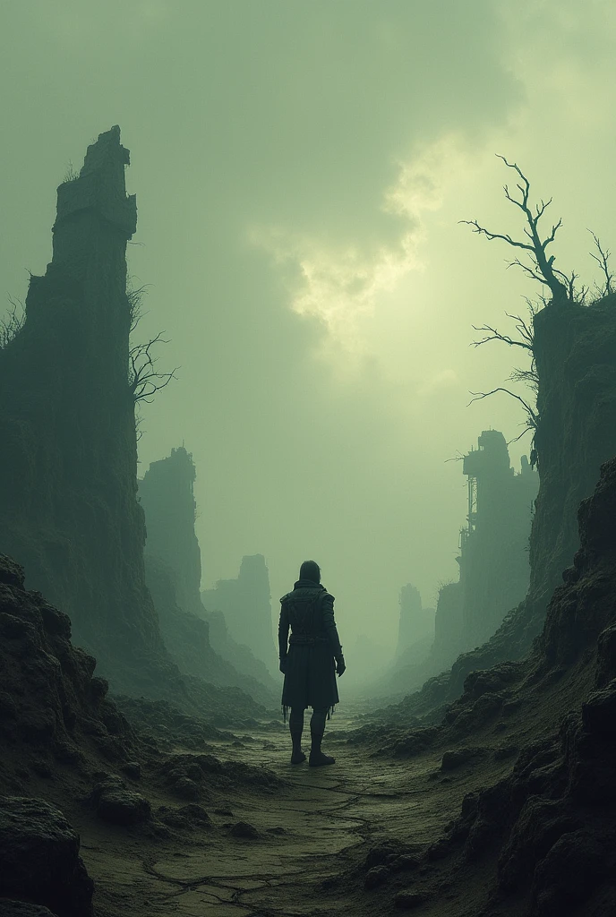 ((concept-art)), the Valley of the dry bones, high detail, with thousands of human skeletons on the ground, dramatic lighting, gloomy atmosphere, dark shadows, fog, despair, barren landscape, ruins, a sense of decay and emptiness, macabre, haunting, disturbing, gothic, (1 figure), solitary figure, sinister, foreboding, mysterious, cape, staff, bright eyes, (sunset: 1.2+night), (orange sky:1.1+darkness), (dry earth:1.3+skeletal bones:1.2+dust), (pt)