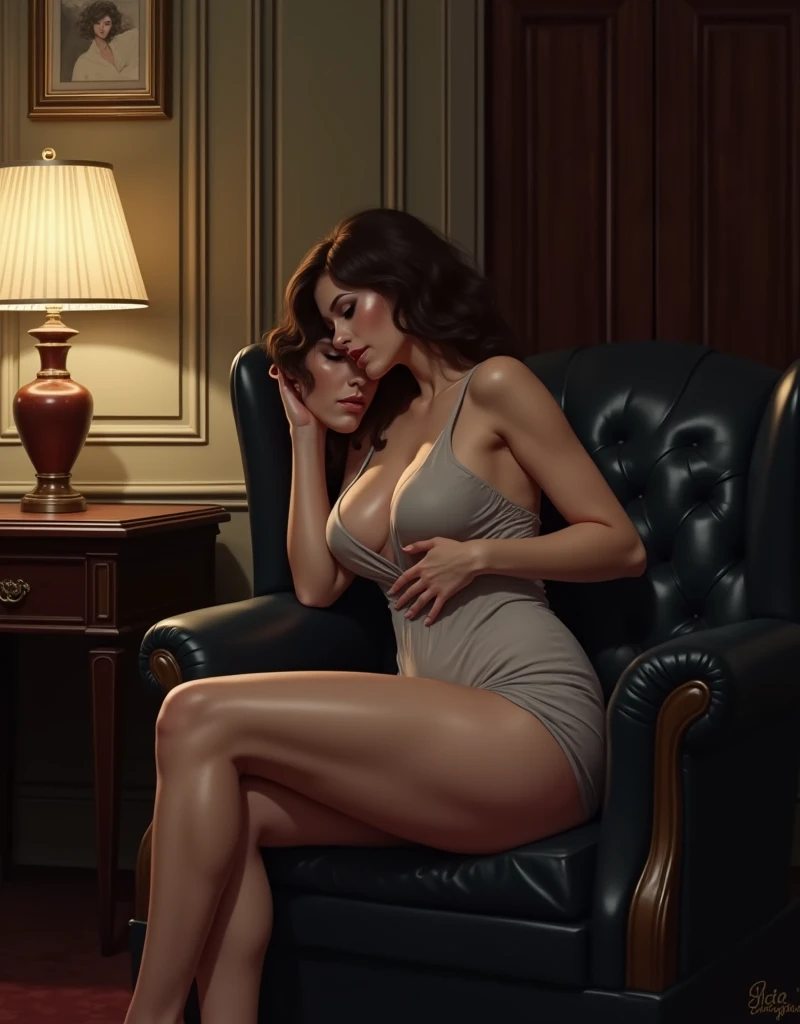 A dark-hearted CEO with a lot of guilt is using her ripe MILF body to seduce a young undercover investigator sent by an advisory body to her side. Specifically, a pale virgin with no experience with women is sitting cowering in a chair on the reception set in the CEO's office, and the black-hearted CEO leads him from start to finish with a cruel grin. She straddles him with her big, soft ass and firm thighs, wraps her arms around his neck, presses her voluptuous, sexy body tightly against him, and makes him drown in the temptation of carnal desire. She whispers sweet betrayal in his ear with sensual, splashy lip noises.