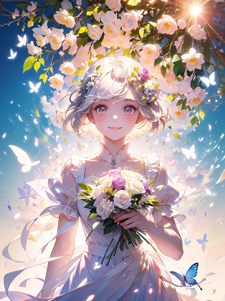 (masterpiece、Highest quality、Highest quality、Beautiful and beautiful:1.2)、(Excellent anatomy:1.5)、Milky white straight hair girl、Butterfly Fairy、Floral Costume、A radiant smile、Sparkling eyes、Looking into the camera、Flowers and leaves on the head、Holding a bouquet、Rose Garden