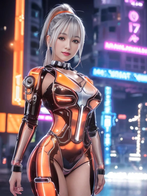 Lake at night,(Gorgeous night illuminations:1.3),(Standing in the night:1.3)The actress is a very beautiful adult woman........(Sexy ultra-glossy orange transparent holographic mechanical cyberpunk suit:1.3) ,(A mechanical suit that lights up with brightly colored LEDs:1.3),Surrounded by a network of wires. surrounded by circuits.Sexy Face, necklace,Earrings, Smile.Sexy pose, (Silver Hair、精巧な編み込みとビーズで飾られたponytailのツイストバンズ,Braided Setup Fishbone Hair,),(The bangs are see-through),(hairpin、ponytail、Floating Hair、),Chest slip,(Emphasize large breasts:1.3),Professional Lighting,Cinematic Light,(Tabletop,Highest quality,Ultra-high resolution output images,) ,(8K quality,),(SeaArt 2 Mode:1.3),,(Picture Mode Ultra HD,)