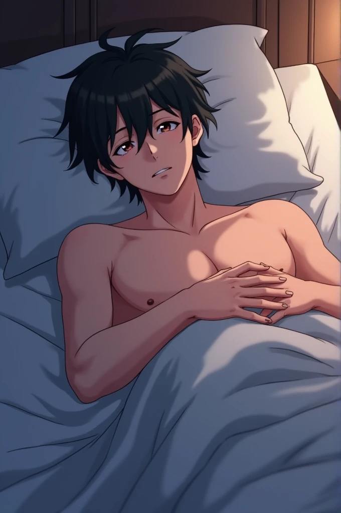 An anime boy having unprotected sex in bed 