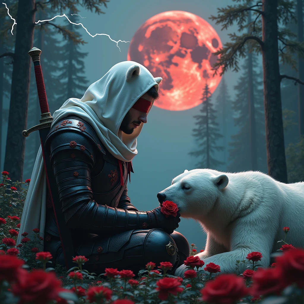 Male knight with a white hood with bear ears with sword behind his back sits towards a polar bear in a forest while the moon shines, many Roses cover the ground and lightning falls from the sky. The polar bear sleeps in front of the knight. Only the man wears a red blindfold. In the background of the picture is the blood moon. The forest is full of trees with leaves. The armor of the man is black and red roses decorate it. The knight smells on a rose.