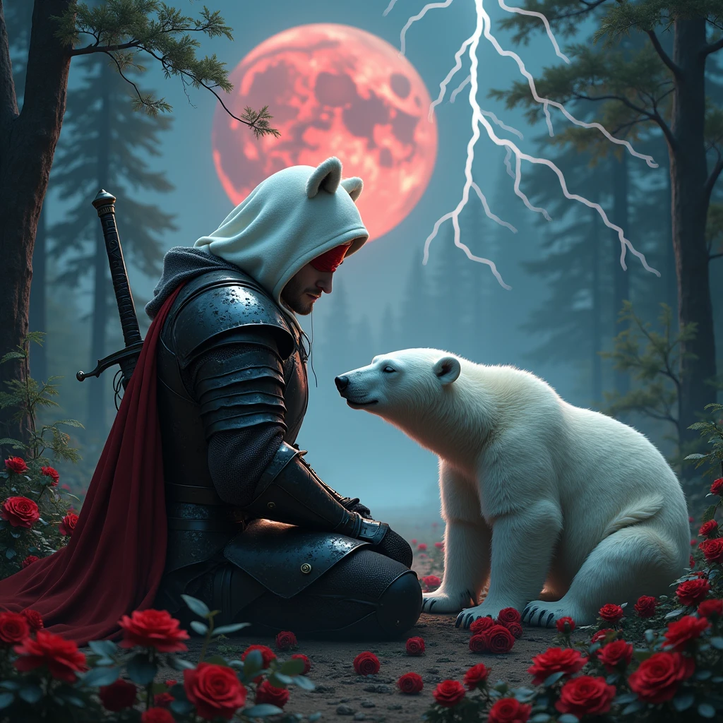 Male knight with a white hood with bear ears with sword behind his back sits towards a polar bear in a forest while the moon shines, many Roses cover the ground and lightning falls from the sky. The polar bear sleeps in front of the knight. Only the man wears a red blindfold. In the background of the picture is the blood moon. The forest is full of trees with leaves. The armor of the man is black and red roses decorate it. The knight smells on a rose.