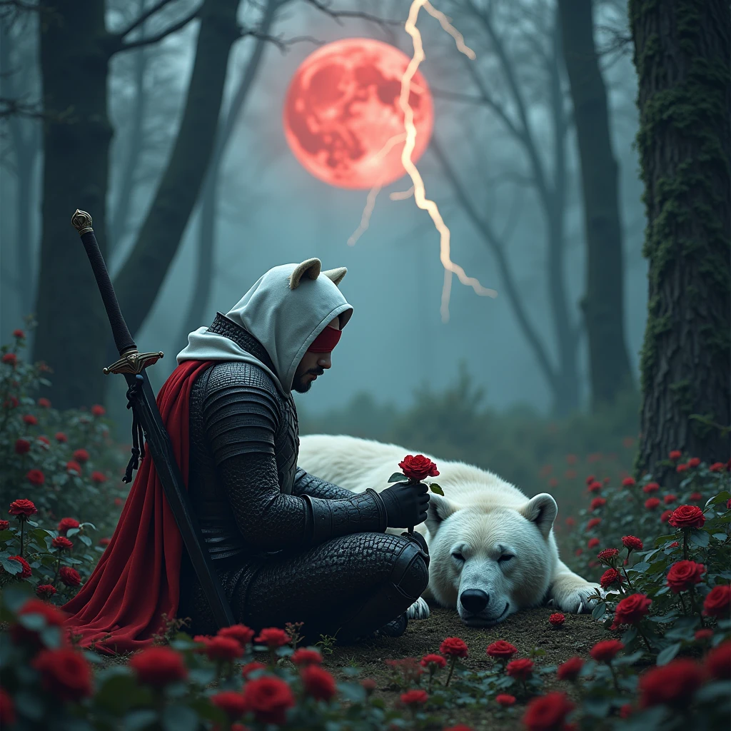 Male knight with a white hood with bear ears with sword behind his back sits towards a polar bear in a forest while the moon shines, many Roses cover the ground and lightning falls from the sky. The polar bear sleeps in front of the knight. Only the man wears a red blindfold. In the background of the picture is the blood moon. The forest is full of trees with leaves. The armor of the man is black and red roses decorate it. The knight smells on a rose.