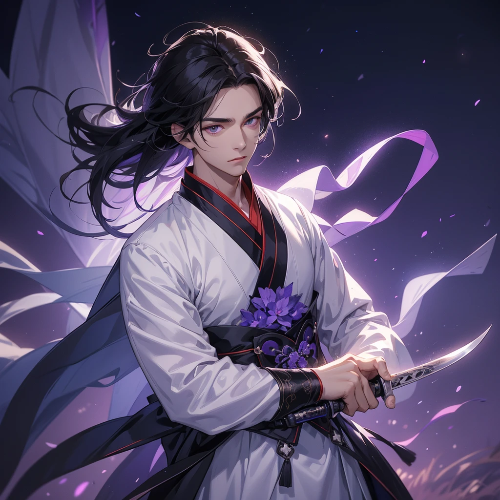 A Handsome black-hair male holding a large sword in white hanfu dress, Background is a dark moonless night, with dry trees in the background, and purple glowing light, close up.