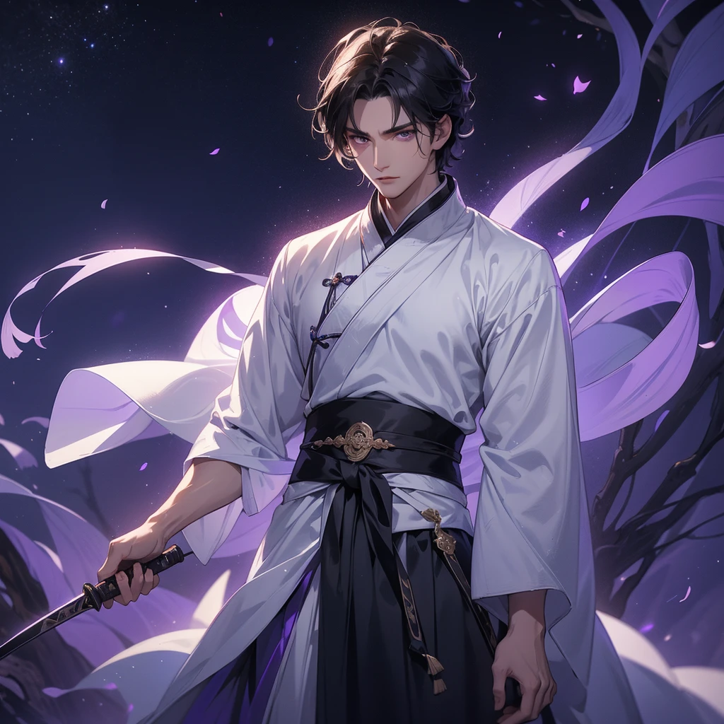 A Handsome black-hair male holding a large sword in white hanfu dress, Background is a dark moonless night, with dry trees in the background, and purple glowing light, close up.