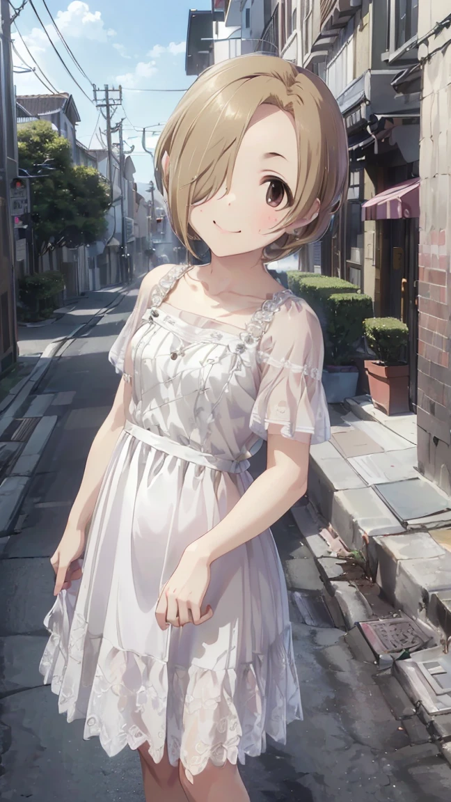 masterpiece, Highest quality, High resolution, Very detailed,(((Koume Shirasaka))), (((smile)))、(((Standing in the distance))), (((In town))), (((Wearing a white dress。))), (((crowd))), (((One girl))), (((solo))), (((Blonde))), (((Brown Hair))), (((short hair))), (((Hair covering one eye)))