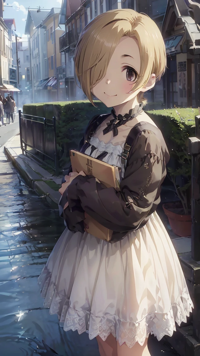 masterpiece, Highest quality, High resolution, Very detailed,(((Koume Shirasaka))), (((smile)))、(((Standing in the distance))), (((In town))), (((Wearing a white dress。))), (((crowd))), (((One girl))), (((solo))), (((Blonde))), (((Brown Hair))), (((short hair))), (((Hair covering one eye)))