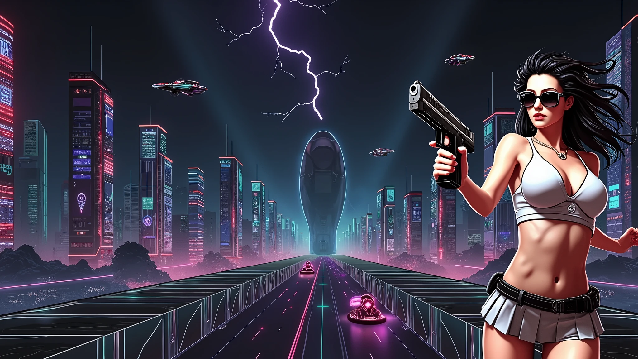Futuristic cityscapes with colorful all-glass outlined towering skyscrapers with lightning, flying vehicle. High-resolution OLED GUI interfaces in the building, The windows are filled with transparent data visualization infographics that show it all, ancient Egyptian fantasy arts, ancient Egyptian statue, (ancient Egyptian hieroglyphics), sphinx, pyramid. Colors are saturated and vibrant. At night, (1girl, solo, alone), photorealistic, large-breast slim:0.6 body, oval:0.5 face, cleavage:1.1, very low angle view of pleated miniskirt, deep-v, (upskirt), glove, (Matrix style black micro sunglasses), (aiming viewer with a short gun), dynamic running pose, ((half-body thigh level close-up shot)), cinematic lighting, ray tracing, motion blur background.