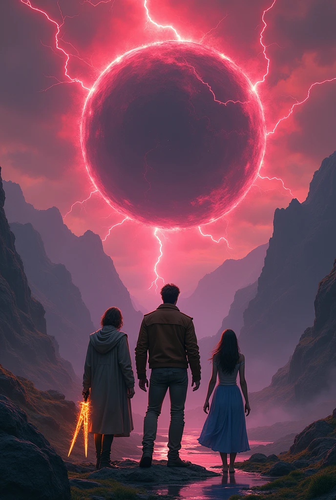 Une boule noire et violette tournoyante dans le ciel, avec un éclair rouge qui en sort. La boule n'est pas grosse puisqu'elle se situe loin des personnes.
Il y a trois personnes : deux hommes de dos et une femme de dos aussi.
Le plus grand des deux est au centre, avec une veste en cuir usée couleur marron. Il a le pied sur un rocher.
L'autre homme est à sa gauche et est un peu moins grand. Il a les cheveux longs et une longue veste qui prend feu aux extrémités, et il a une épée en feu à la main. La fille à droite a une longue robe bleue avec un tissu blanc sur l'épaule. Elle marche dans une flaque d'eau.
Un seul éclair est rouge et immense en face d'eux.
Il n'y a pas de planète qui volent. Ils se trouvent dans le creux d'une montagne, où il fait sombre, simplement éclairée par l'éclair. La boule violette et noire dans le ciel n'est pas grande. Il y a des éclairs autour. La vue est d'un peu plus haut. Les trois personnes ont entre 25 et 30 ans. Le garçon du milieu est musclé. La femme a une robe bleue et longue, comme à l'époque Grecque. Les tenues sont futuristes, Des classes, avec un style mythologique grecque. Le ciel est rouge et violet.
