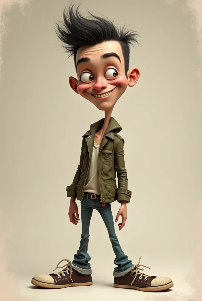 make ,a realistic full body shot,exagerrated ,caricature ,of skinny  punk man , looking at the viewer,with nice smile,This masterpiece captures the essence of the era, radiating nostalgia and vintage charm.,simple background.high detail