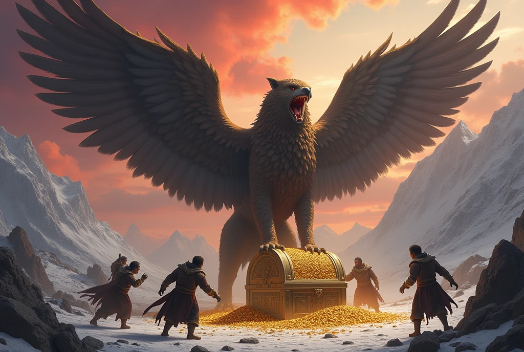 best quality, masterpiece, (A giant Griffin is threatening many bandits with its mouth open.:1.5)、(Griffin has the wings and upper body of an eagle.、With the lower body of a lion:1.5)、(Guarding many large chests full of gold:1.3)、(The thieves are trying to steal the gold.)、Rugged Mountain々I can see、(low angle:1.5)、(Front lighting:1.5)、Red and white sky