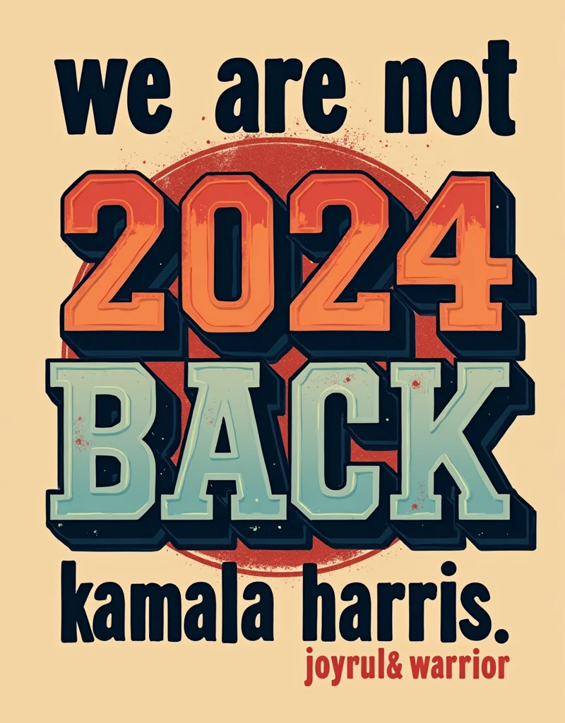 Craft a vibrant, edgy portrait of Kamala Harris in a graffiti street art style, with splashes of color and abstract shapes. Use bold, spray-painted typography for the phrase "We Are Not Going Back Kamala Harris" to give the design a rebellious, urban edge. Ideal for selling on hoodies, backpacks, and posters.