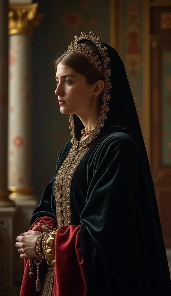 A solemn Queen Catherine of Aragon dressed in rich, dark velvet robes of the Tudor era, stands in the royal court of England, holding a rosary with a look of deep sadness as she faces the end of her marriage to Henry VIII, with grand, opulent pillars in the background; close-up shot in a dimly lit, ornate chamber, hyper-realistic, photo realism, cinematography. The camera lens size is 200mm, aperture setting f/4.5, and ISO 1600, with the medium being color photography.