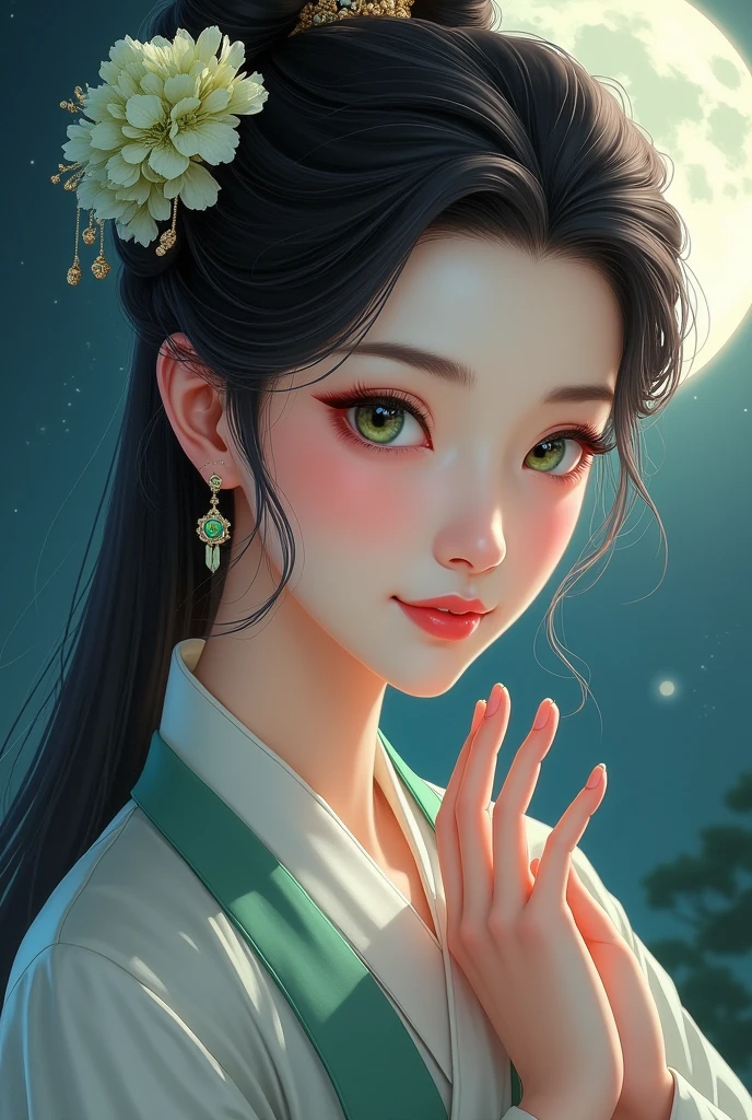 Masterpiece, best, night, full moon, 1 female, mature woman, Chinese style, ancient China, elder sister, royal sister, smile, dark brown hair, dark hair, princess cut, braid, curly hair, double ball head, pale pink Lips, calm, intellectual, medium hair, green pupils, hairpin, hydrangea, delicate face, face close-up, hand close-up