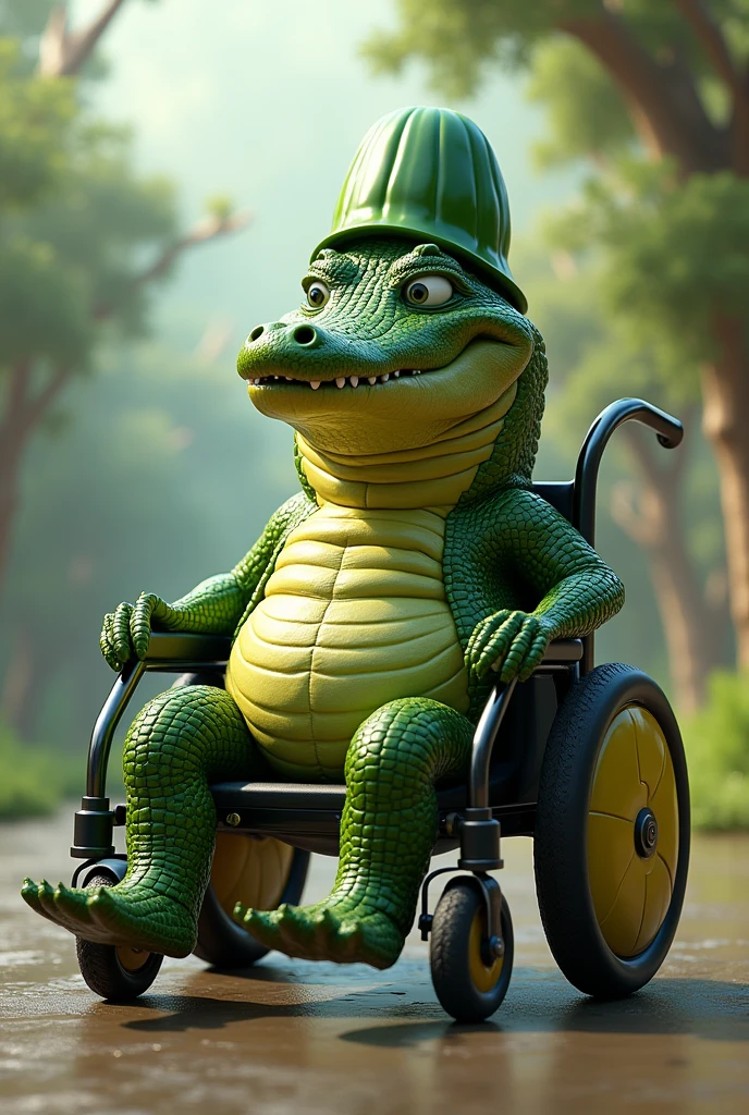 Alligator using a pickle suit in a weelchair