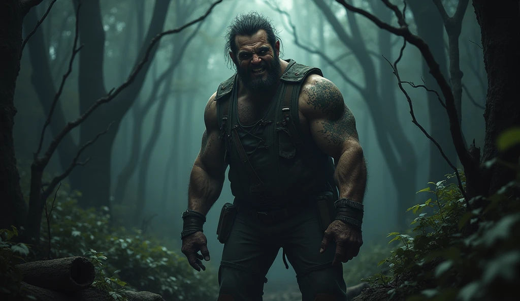 illustrate an urban legend about a cursed lumberjack who haunts a forest, he is fat and robust, has an angry expression and is thirsty for blood, use elements that make the image as dark as possible, use dark colors, detailded, photoshot_\( ultra\), photoshotrealisitic, realisitic, Post-processing, Maximum details, roughness, real-life, ultrarealisitic, photoshotrealism, photoshotgraphy, 8k hd, photoshotgraph
