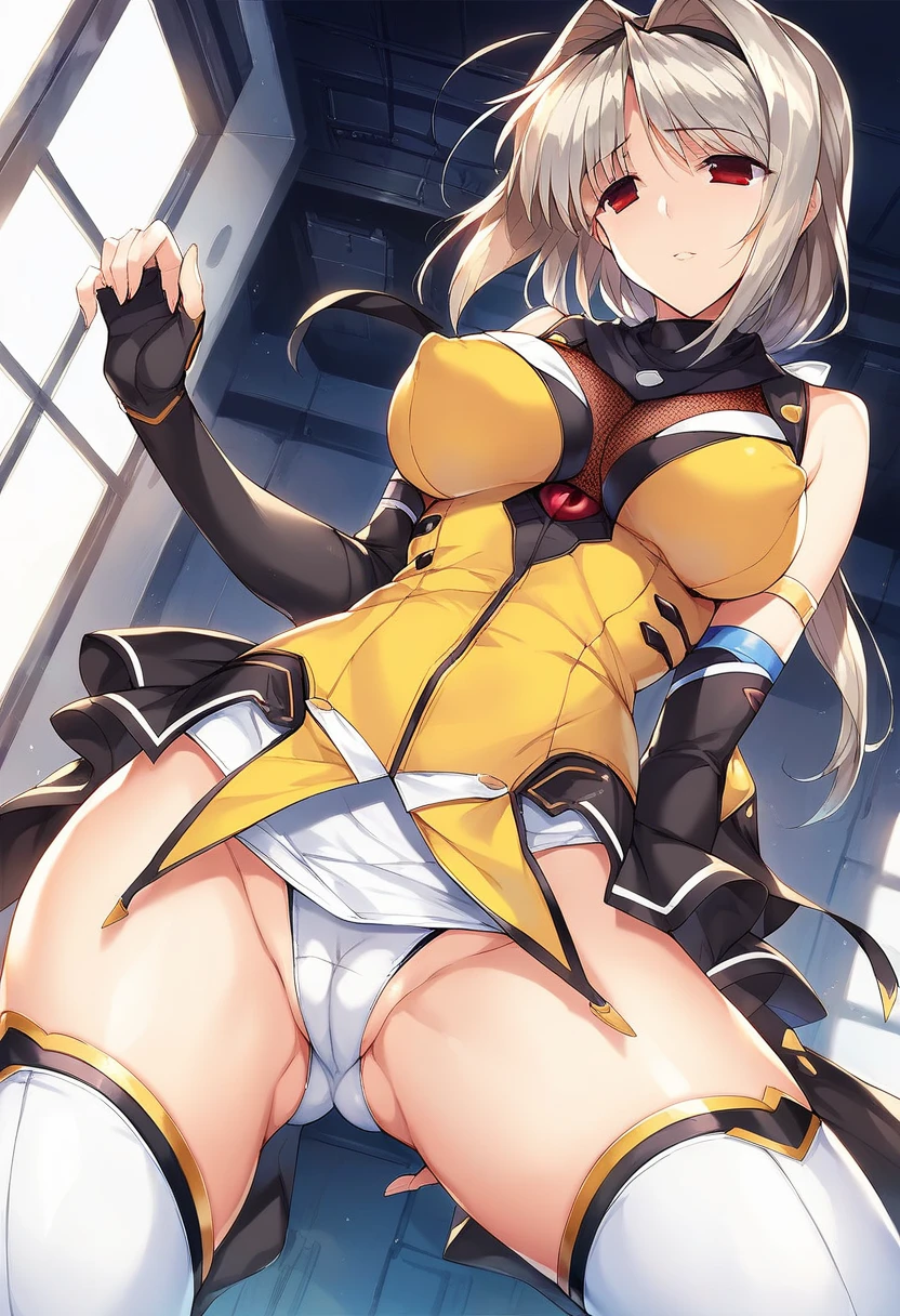 12k,masterpiece, Highest quality, Anime Style,Official Art Beautiful Lighting, 1 girl, bangs, (Inside the futuristic base:1.6), , masterpiece,Noise Reduction,Perfect Anatomy,High resolution, Very detailed,Game CG,Dutch Angle ,Beautiful attention to detail,Visual Arts,Five Fingers, Perfect hands, Perfect lighting,(Camel Toe:1.3),(Red eyes:1.4),(((silver hair:1.6))),takamori haruka,(Emotionless and blank:1.4),(Emotionless eyes:1.4),(Erect nipples:1.2)
