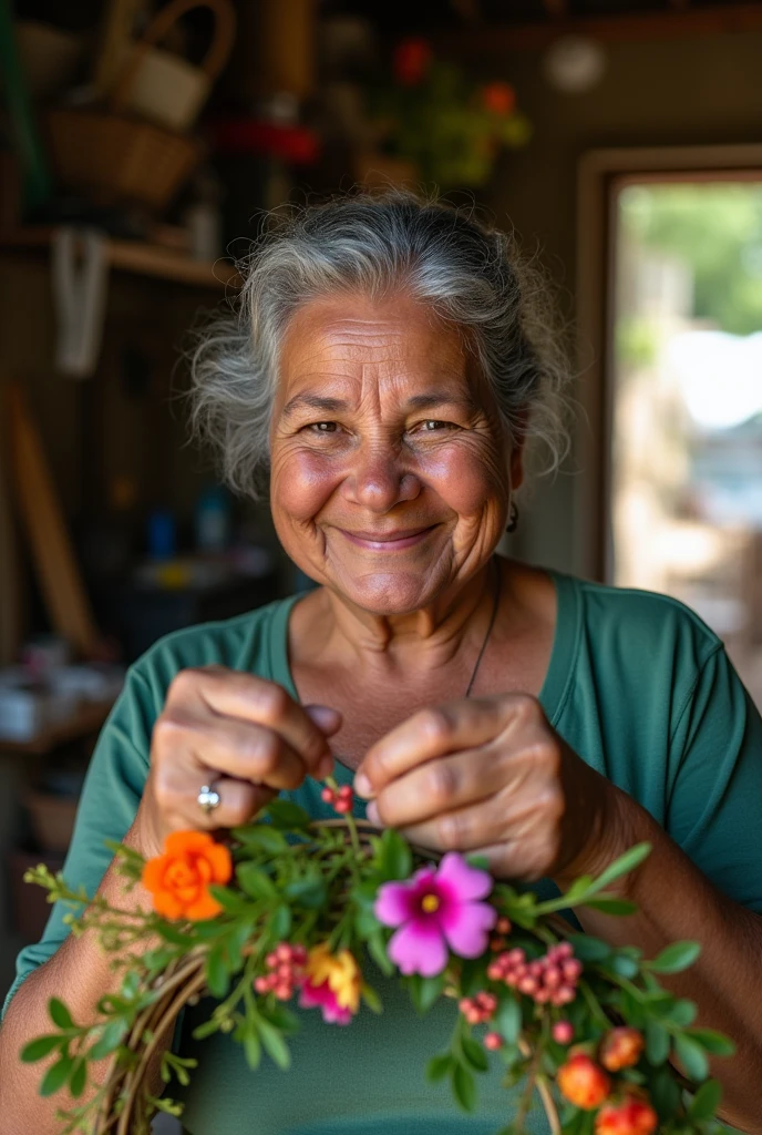 Low-income Brazilian woman smiling while making a wreath