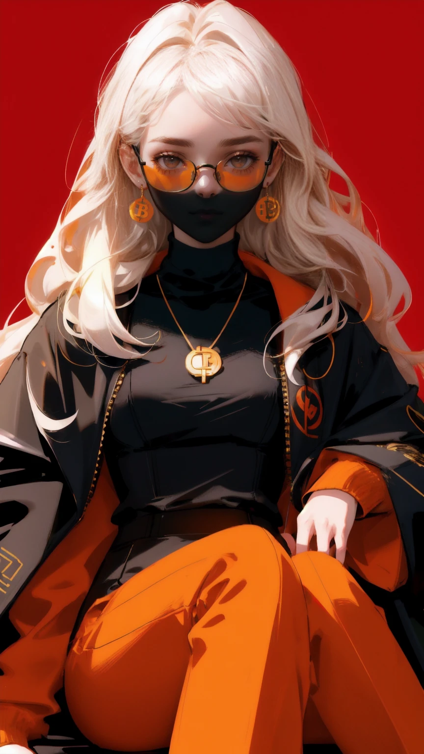 Create an image of a discerning young woman, exuding confidence and shrewdness, set against a vibrant red background. She is depicted sitting leisurely, embodying the essence of a seasoned cryptocurrency trader. Her face is partly obscured by round, orange-tinted sunglasses that reflect the intricate Bitcoin logo. The glasses add an air of mystery and focus. She sports an elegant, tailored suit with subtle cryptocurrency and digital motifs integrated into the fabric. Around her neck hangs a gold chain with a pendant subtly hinting at her crypto allegiance. The backdrop features complex, faded technical schematics and digital crypto-related graphics, illustrating her deep connection to the blockchain world. Her posture and attire reflect a fusion of style, technology, and finance.