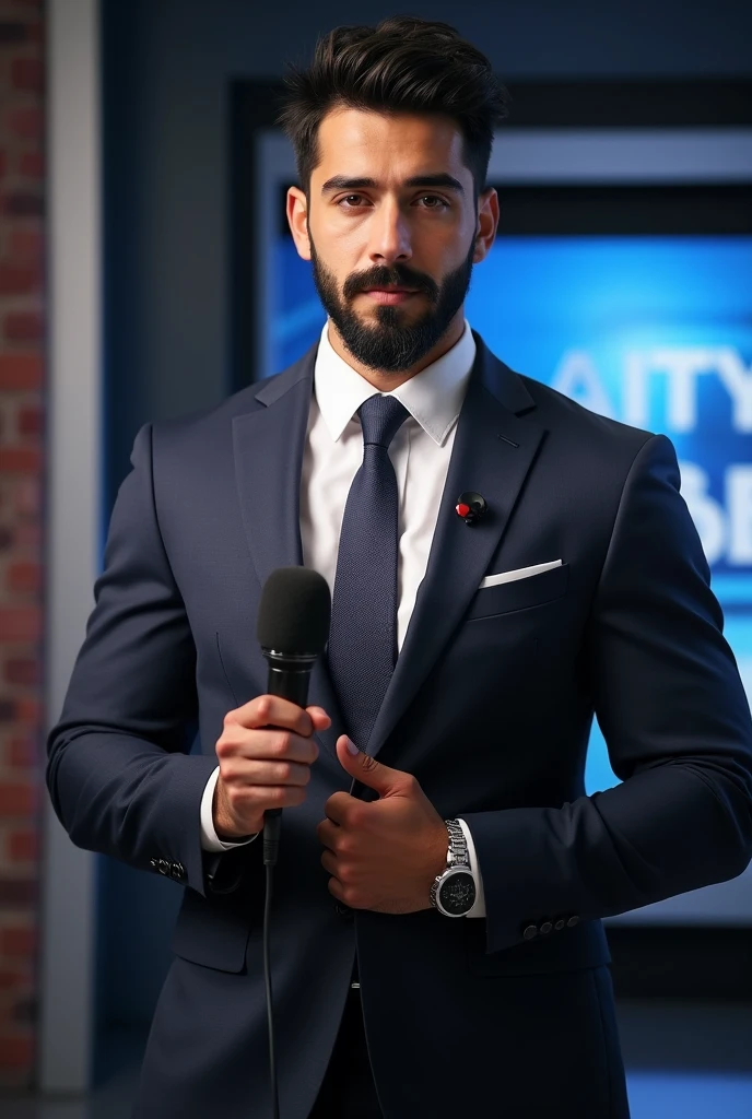 Strong muscular bearded young Iranian man in suit and tie holding a microphone, news reporter Anthony Conn, christian orrillo, Omar Ortiz, joel torres, Jason Schier, Ignacio Fernández Rios", james zapata, alex miranda, danilo torres, Lucas Graziano, photo of the journalist, high quality news footage, Jonathan Zawada, Sidney Lugo, news footage