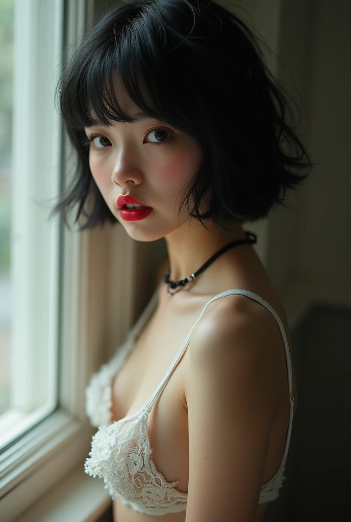 , Sweet and beautiful, Short, unkempt hair,  fringe, Grand Front, Black Hair, Slightly red cheeks, Choker on neck, White underwear, Intense black eyes, Luscious lips, Discounted, (very cute), Light-looking abdomen, Small breasts,White sexy panties, Standing by the window, Look outward, (Beautiful legs:1.3), Mascara agent, barefoot, Biting one&#39;s lip, Red lipstick that hasn&#39;t dried yet, Artistic photography style, Expressive, (Full body view:2) , ((Superior Quality)), ((masterpiece))