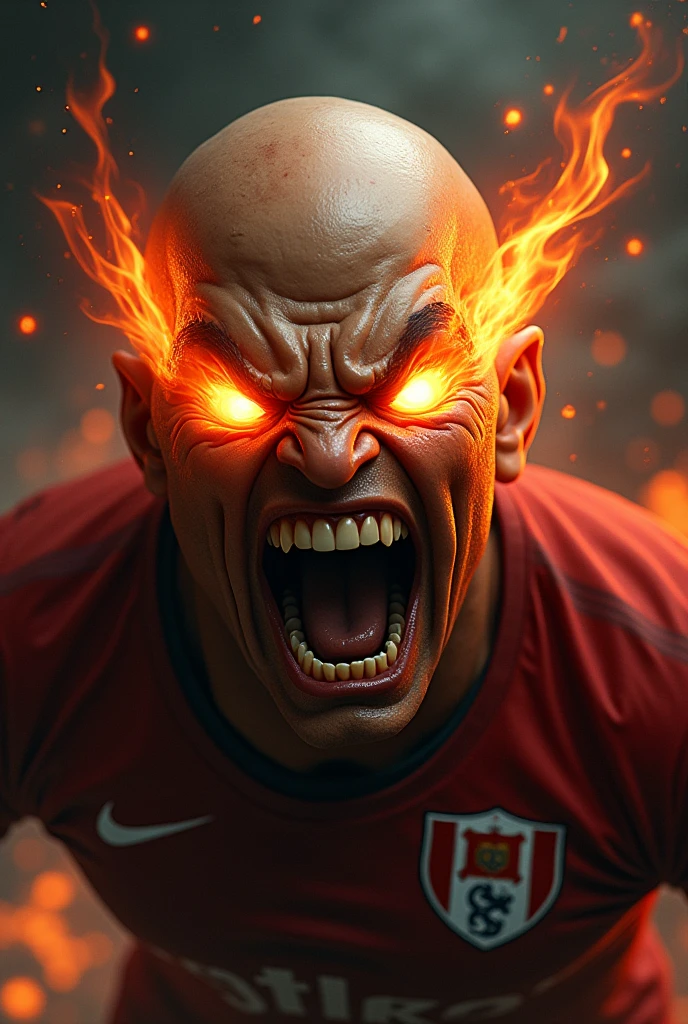 Santo Paulo bald in reference to the São Paulo team, angry, very angry, fire coming out of his eyes, very furious, making faces and mouths I want to destroy everything