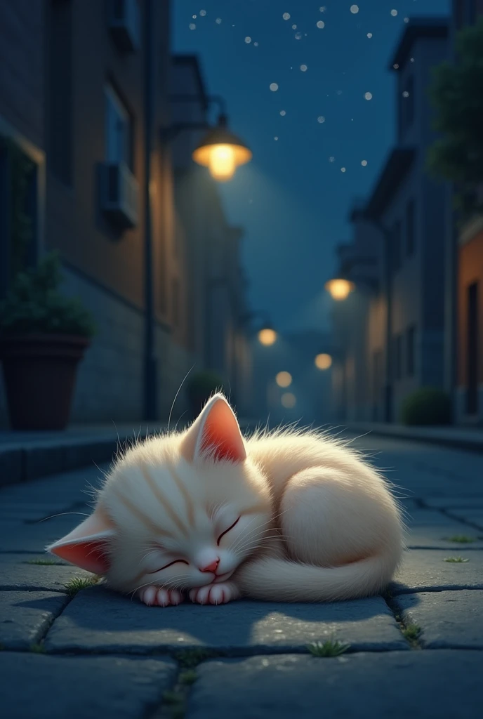 Cute kitten sleeping on the street at night