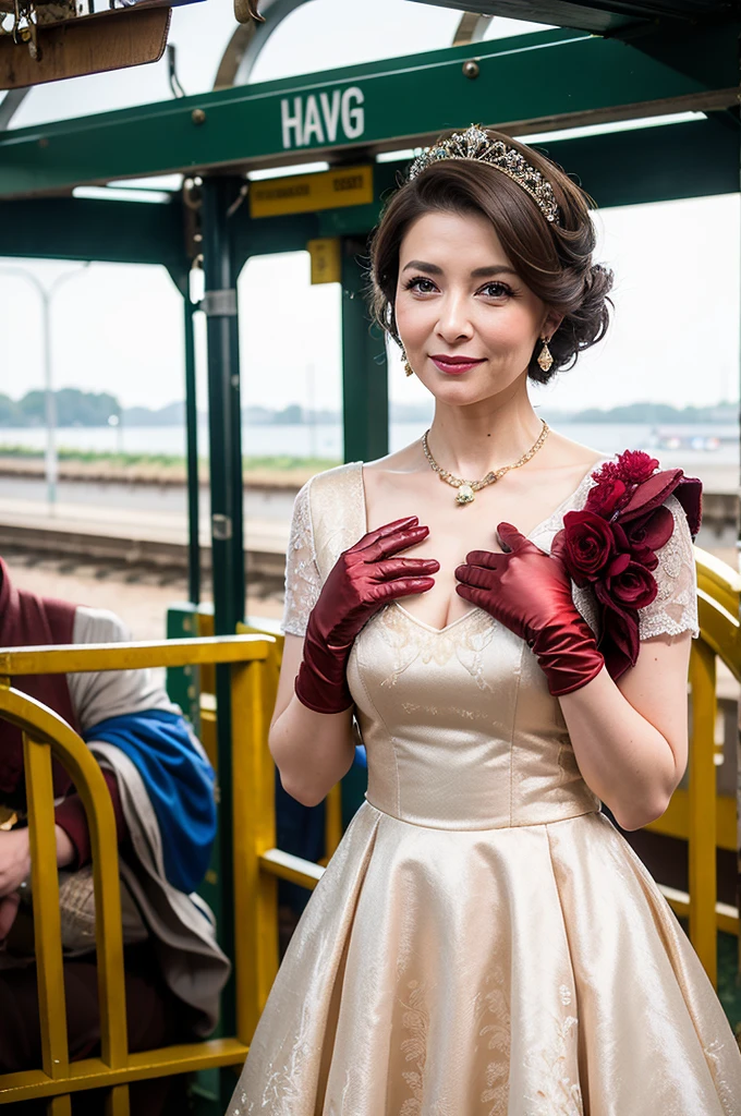 ((Masterpiece)), ((Best Quality)), A middle-aged short-hair woman, ((She is wearing an ornamental short length wedding dress)), She is wearing gloves on her hands., outdoor, She is wearing a big necklace, She is on railways.