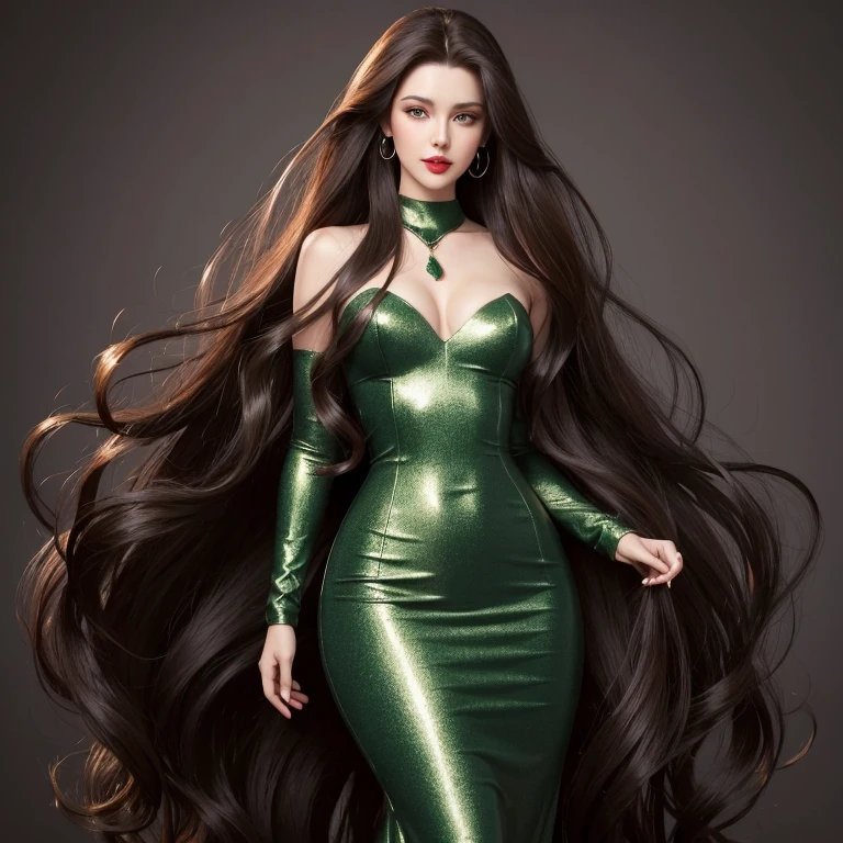 perfect face, red lips, green eyes,long dark brown hair with very long dark brown hair, super long dark brown hair with very super long dark brown hair, large hair, huge hair, woman wearing purple waisted mermaid dress,full body costume,realisian sci model, render style , realisian proportions, good proportions 