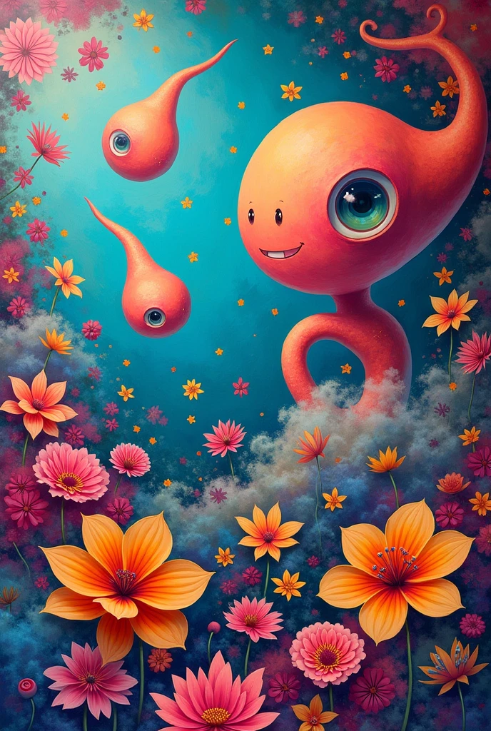 Make an mural art mixed with flowers random shapes flying dicks